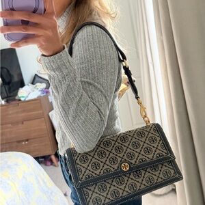 Tory Burch T monogram Logo Jacquard Shoulder Bag with Gold Hardware